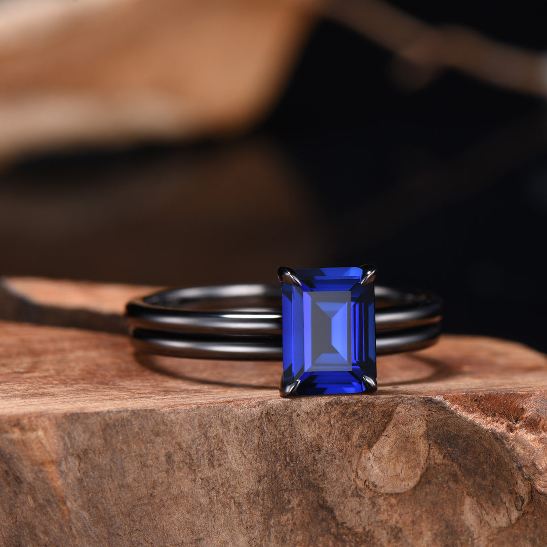 Minimalist Black Gold Emerald Cut Sapphire Engagement Ring Solitaire September Birthstone Wedding Ring Set Simple Anniversary Gifts Handmade - PENFINE