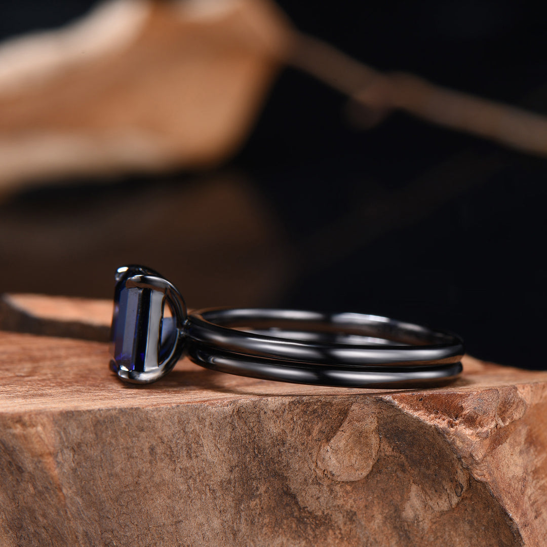 Minimalist Black Gold Emerald Cut Sapphire Engagement Ring Solitaire September Birthstone Wedding Ring Set Simple Anniversary Gifts Handmade - PENFINE
