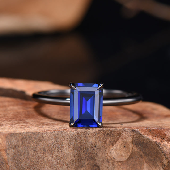 Minimalist Black Gold Emerald Cut Sapphire Engagement Ring Solitaire September Birthstone Wedding Ring Set Simple Anniversary Gifts Handmade - PENFINE