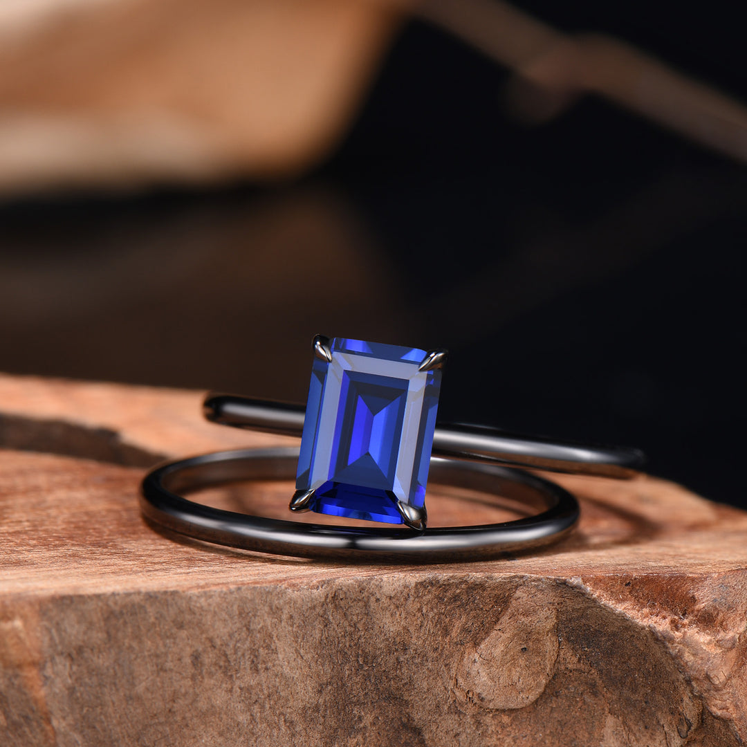 Minimalist Black Gold Emerald Cut Sapphire Engagement Ring Solitaire September Birthstone Wedding Ring Set Simple Anniversary Gifts Handmade - PENFINE