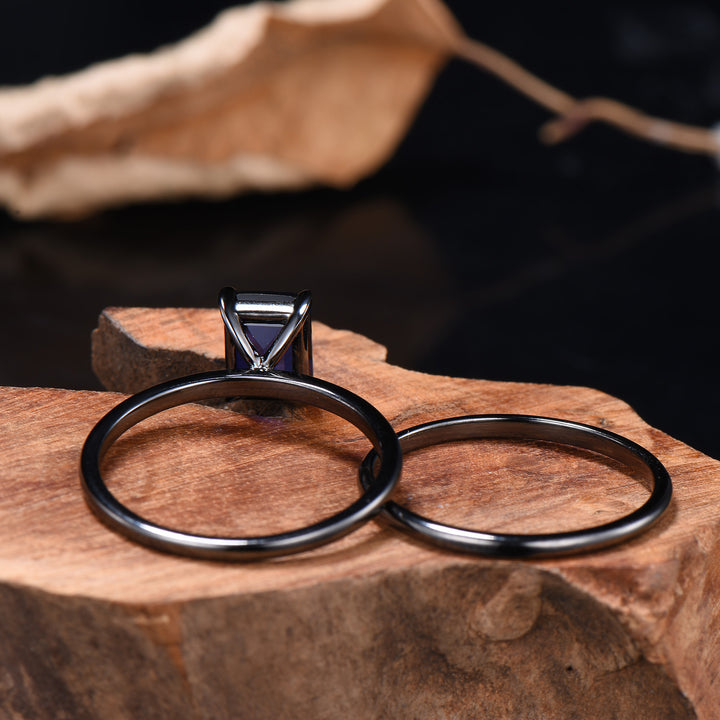 Minimalist Black Gold Emerald Cut Sapphire Engagement Ring Solitaire September Birthstone Wedding Ring Set Simple Anniversary Gifts Handmade - PENFINE