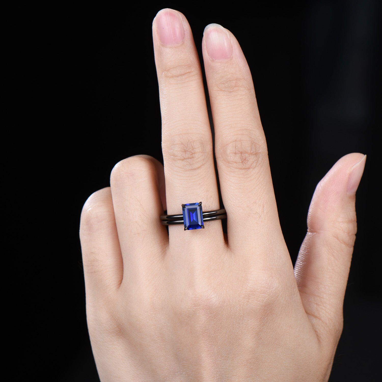 Minimalist Black Gold Emerald Cut Sapphire Engagement Ring Solitaire September Birthstone Wedding Ring Set Simple Anniversary Gifts Handmade - PENFINE