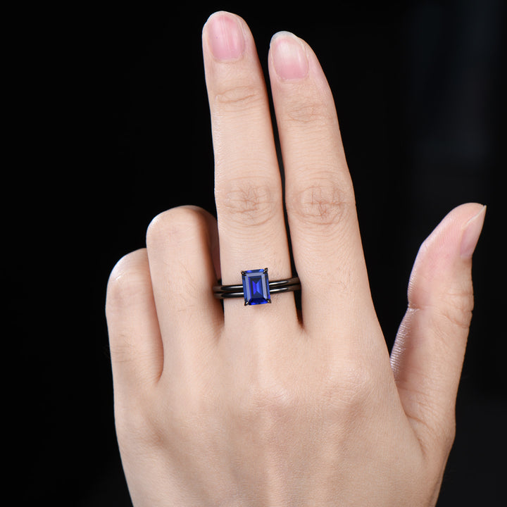 Minimalist Black Gold Emerald Cut Sapphire Engagement Ring Solitaire September Birthstone Wedding Ring Set Simple Anniversary Gifts Handmade - PENFINE