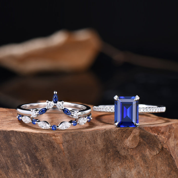 Vintage Emerald Cut Sapphire Engagement Ring Hidden Halo blue Sapphire Wedding Ring Set 3pcs 14K White Gold September Birthstone Bridal Set - PENFINE