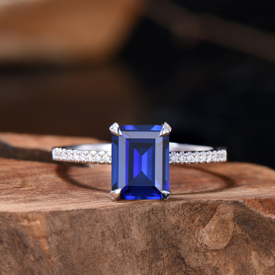 Vintage Emerald Cut Sapphire Engagement Ring Hidden Halo blue Sapphire Wedding Ring Set 3pcs 14K White Gold September Birthstone Bridal Set - PENFINE