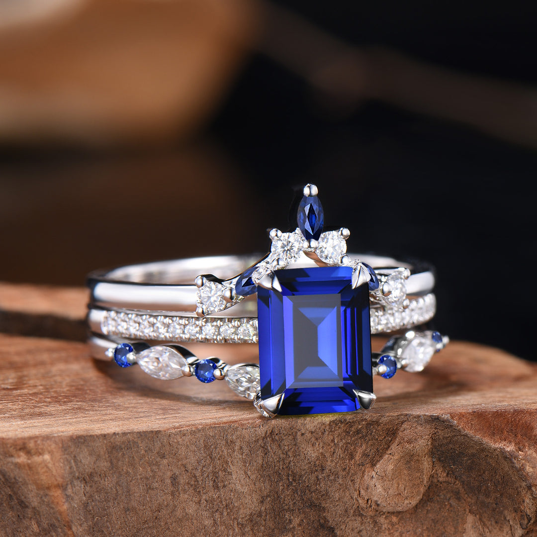 Vintage Emerald Cut Sapphire Engagement Ring Hidden Halo blue Sapphire Wedding Ring Set 3pcs 14K White Gold September Birthstone Bridal Set - PENFINE