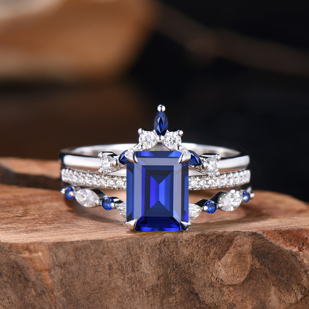 Vintage Emerald Cut Sapphire Engagement Ring Hidden Halo blue Sapphire Wedding Ring Set 3pcs 14K White Gold September Birthstone Bridal Set - PENFINE