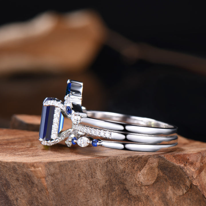 Vintage Emerald Cut Sapphire Engagement Ring Hidden Halo blue Sapphire Wedding Ring Set 3pcs 14K White Gold September Birthstone Bridal Set - PENFINE
