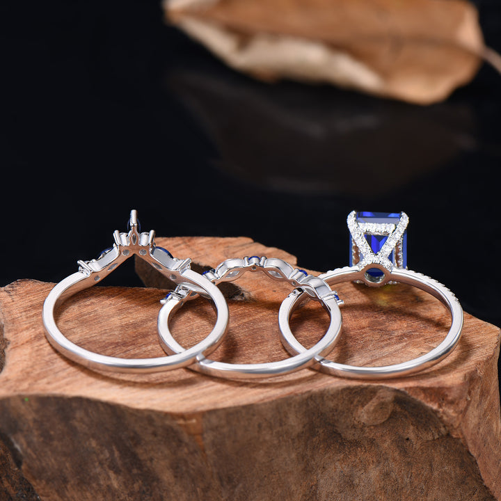 Vintage Emerald Cut Sapphire Engagement Ring Hidden Halo blue Sapphire Wedding Ring Set 3pcs 14K White Gold September Birthstone Bridal Set - PENFINE