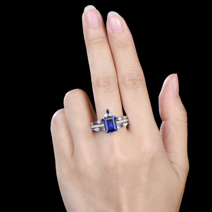 Vintage Emerald Cut Sapphire Engagement Ring Hidden Halo blue Sapphire Wedding Ring Set 3pcs 14K White Gold September Birthstone Bridal Set - PENFINE