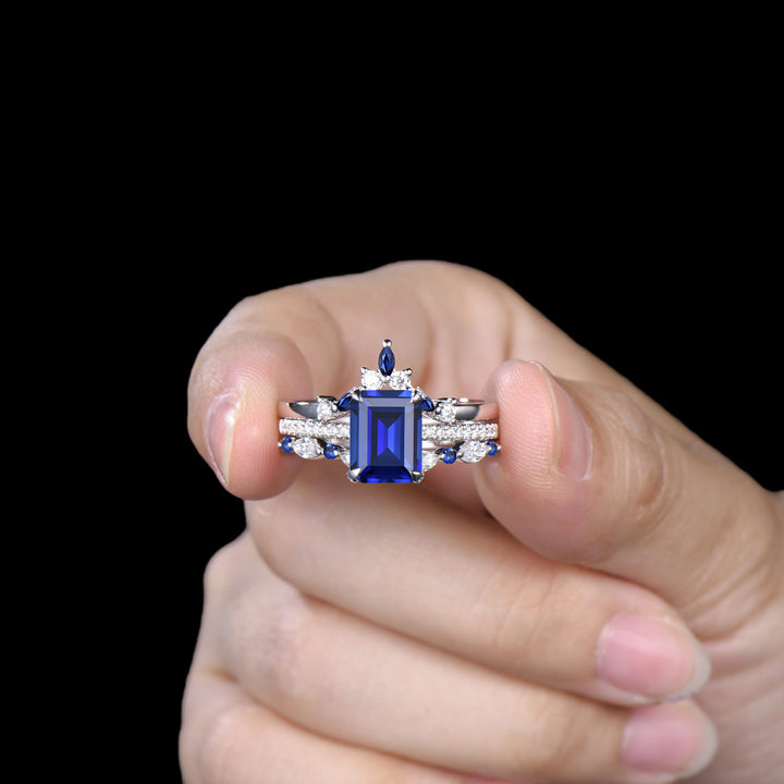 Vintage Emerald Cut Sapphire Engagement Ring Hidden Halo blue Sapphire Wedding Ring Set 3pcs 14K White Gold September Birthstone Bridal Set - PENFINE