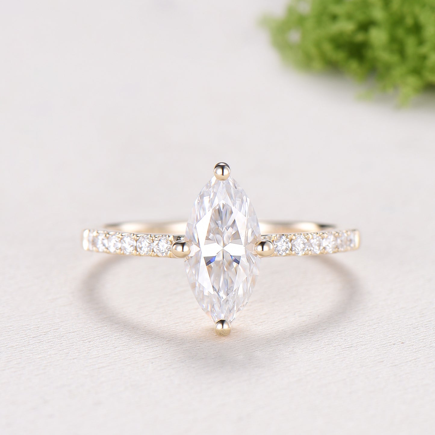 Marquise Cut Moissanite& Lab Grown Diamond Engagement Ring with Pavé Band in Yellow Gold