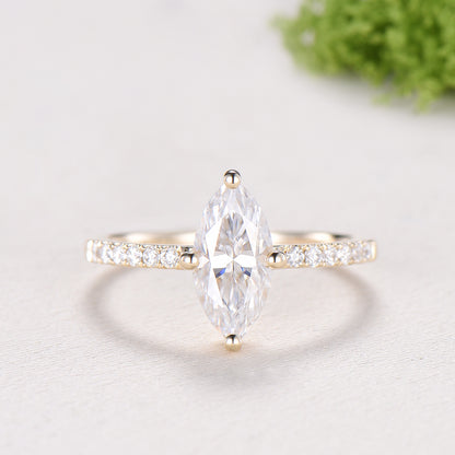 Marquise Cut Moissanite& Lab Grown Diamond Engagement Ring with Pavé Band in Yellow Gold