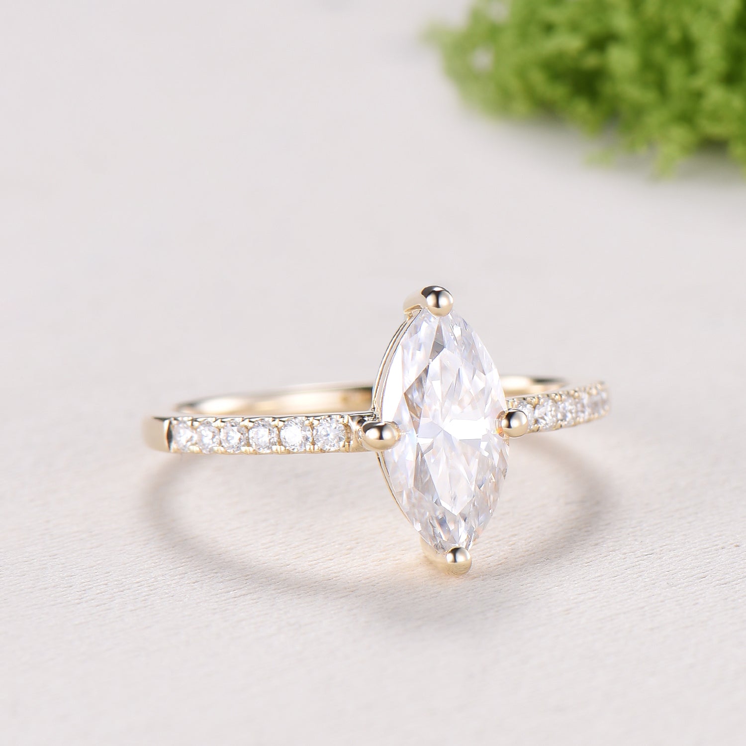 Marquise Cut Moissanite& Lab Grown Diamond Engagement Ring with Pavé Band in Yellow Gold