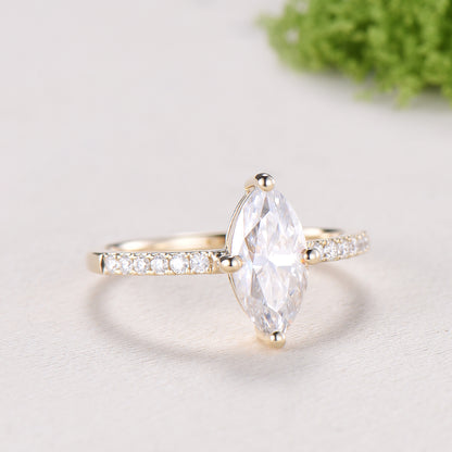 Marquise Cut Moissanite& Lab Grown Diamond Engagement Ring with Pavé Band in Yellow Gold