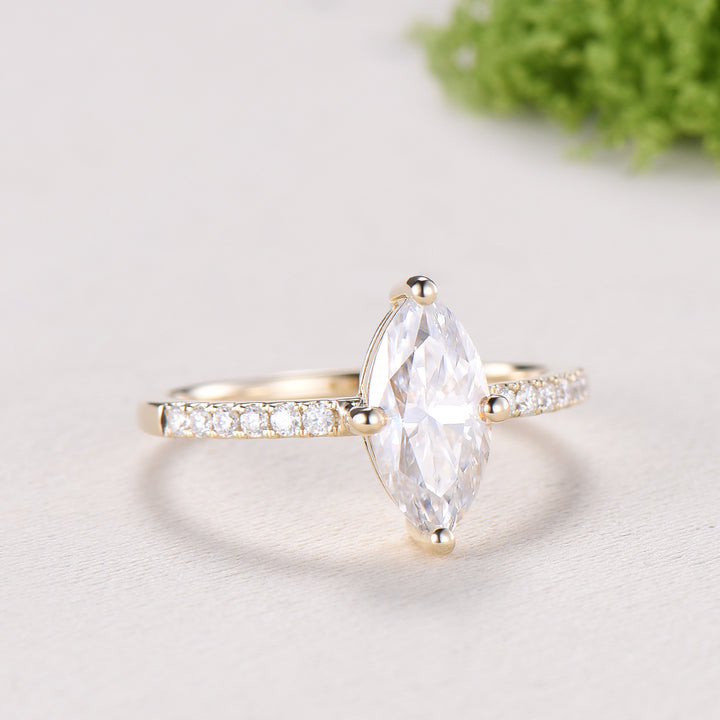 Marquise Cut Moissanite& Lab Grown Diamond Engagement Ring with Pavé Band in Yellow Gold