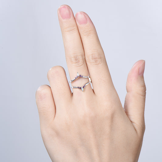 Enhancer Curved Opal Amethyst Wedding Band Sterling Silver White Gold Contour Stacking Marquise Baguette Opal Matching Ring Anniversary Gift