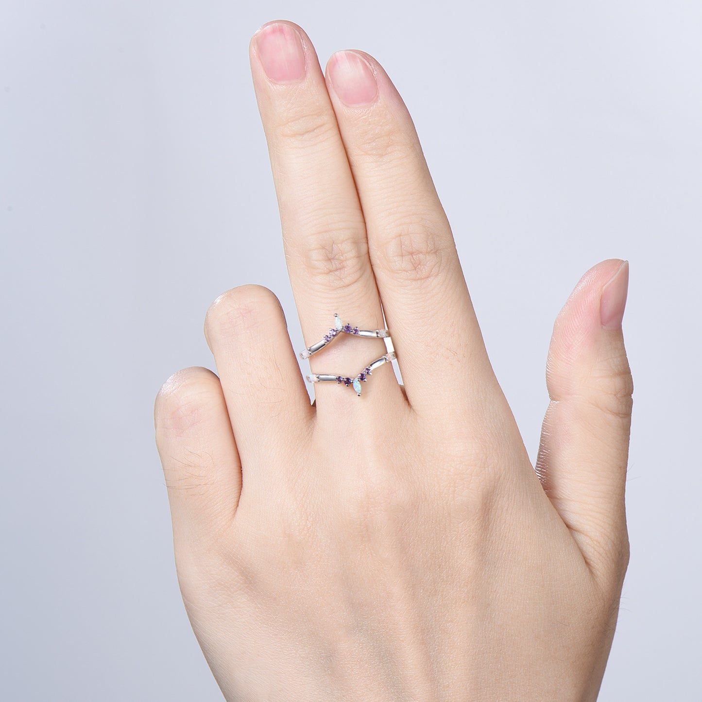 Enhancer Curved Opal Amethyst Wedding Band Sterling Silver White Gold Contour Stacking Marquise Baguette Opal Matching Ring Anniversary Gift
