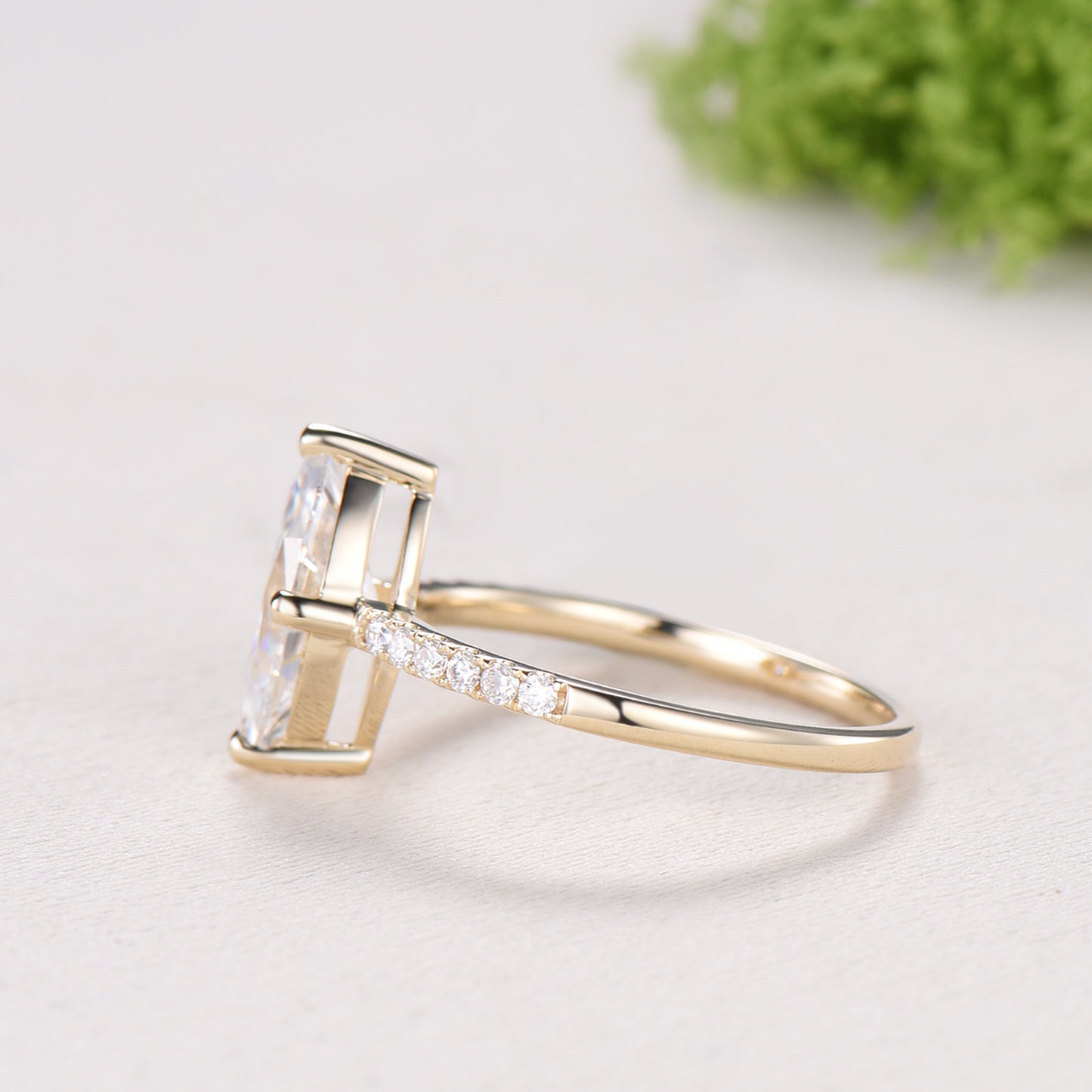 Marquise Cut Moissanite& Lab Grown Diamond Engagement Ring with Pavé Band in Yellow Gold