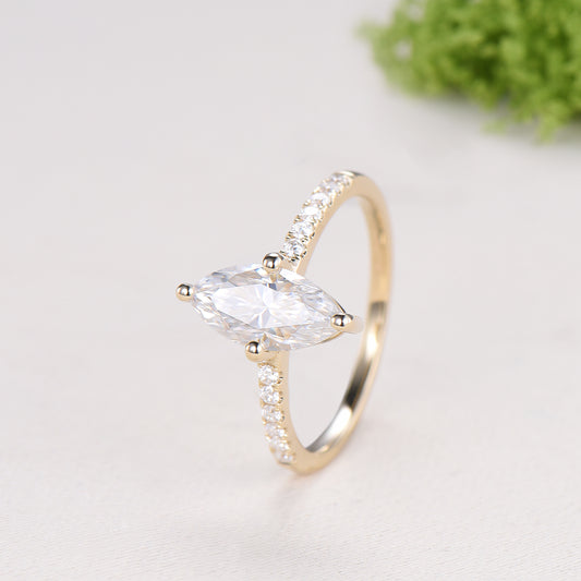 Marquise Cut Moissanite& Lab Grown Diamond Engagement Ring with Pavé Band in Yellow Gold