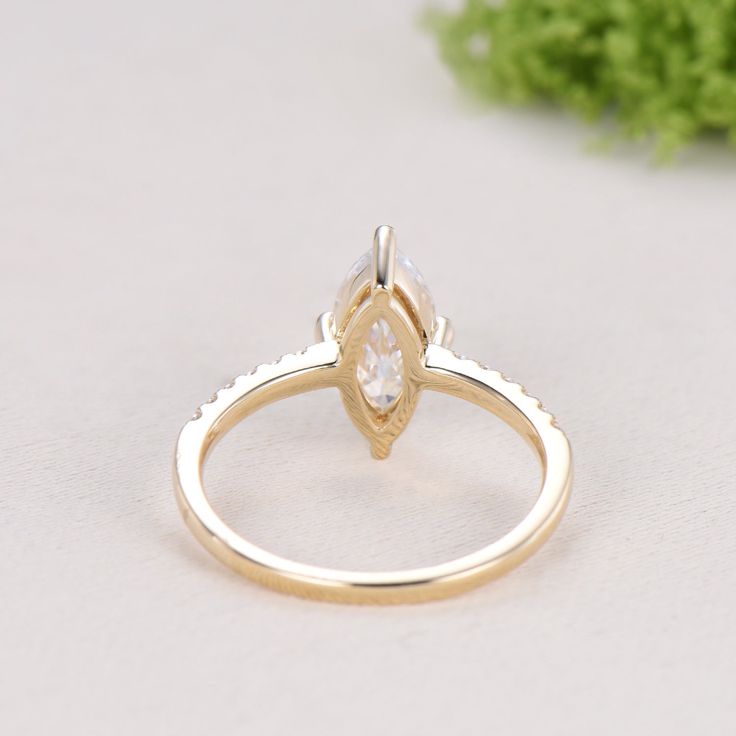 Marquise Cut Moissanite& Lab Grown Diamond Engagement Ring with Pavé Band in Yellow Gold
