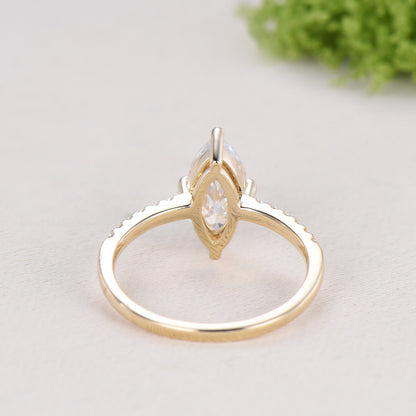 Marquise Cut Moissanite& Lab Grown Diamond Engagement Ring with Pavé Band in Yellow Gold