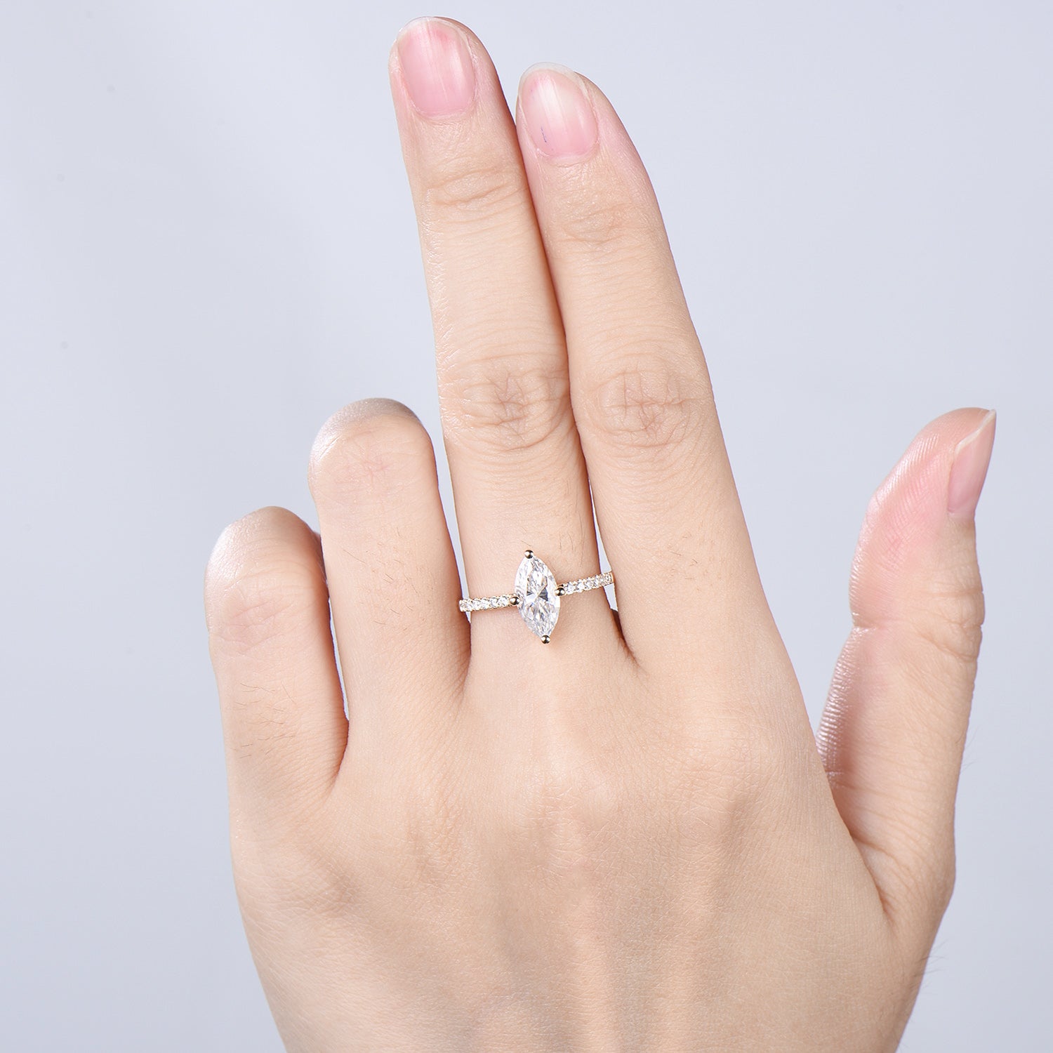 Marquise Cut Moissanite& Lab Grown Diamond Engagement Ring with Pavé Band in Yellow Gold