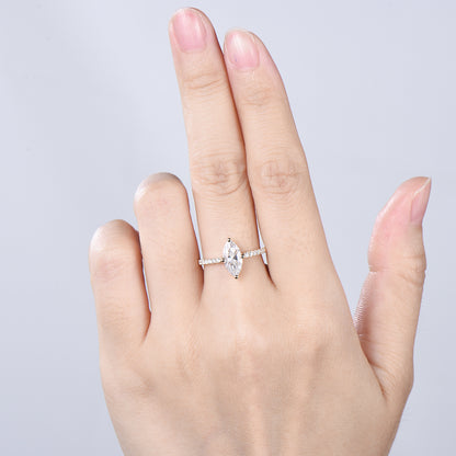 Marquise Cut Moissanite& Lab Grown Diamond Engagement Ring with Pavé Band in Yellow Gold