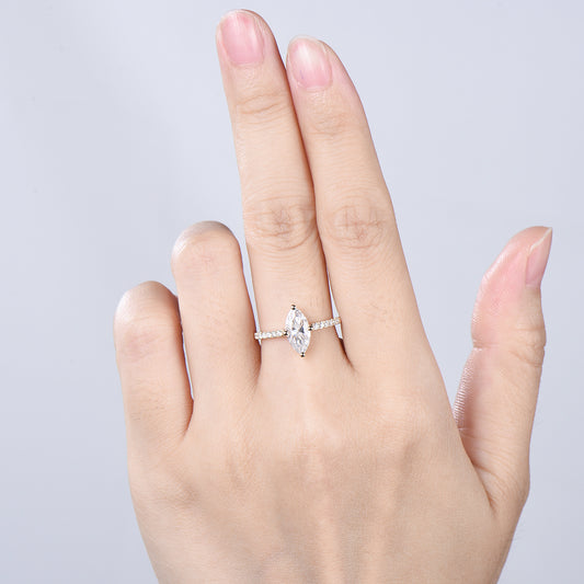 Marquise Cut Moissanite& Lab Grown Diamond Engagement Ring with Pavé Band in Yellow Gold