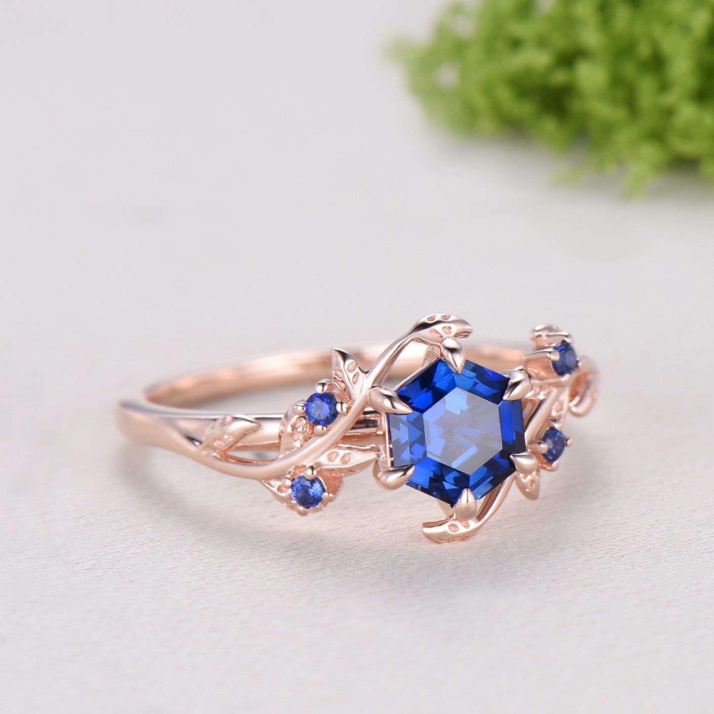 Elegant Hexagon Cut Blue Sapphire Engagement Ring Branch September birthstone