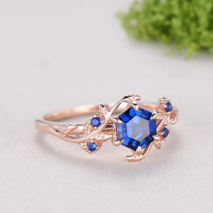 Elegant Hexagon Cut Blue Sapphire Engagement Ring Branch September birthstone