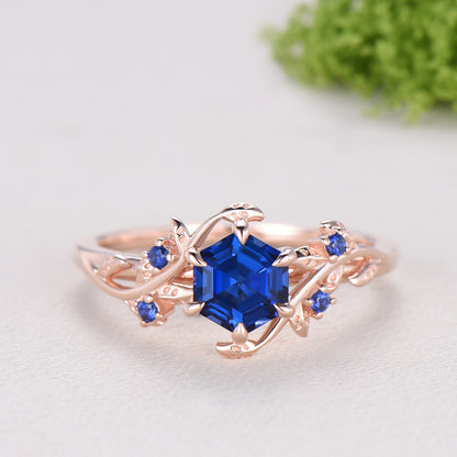 Elegant Hexagon Cut Blue Sapphire Engagement Ring Branch September birthstone