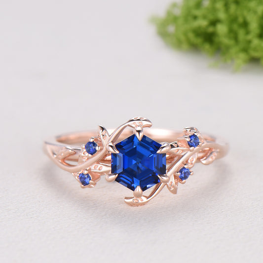 Elegant Hexagon Cut Blue Sapphire Engagement Ring Branch September birthstone
