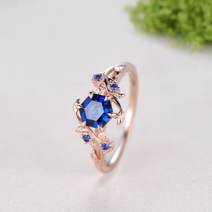 Elegant Hexagon Cut Blue Sapphire Engagement Ring Branch September birthstone