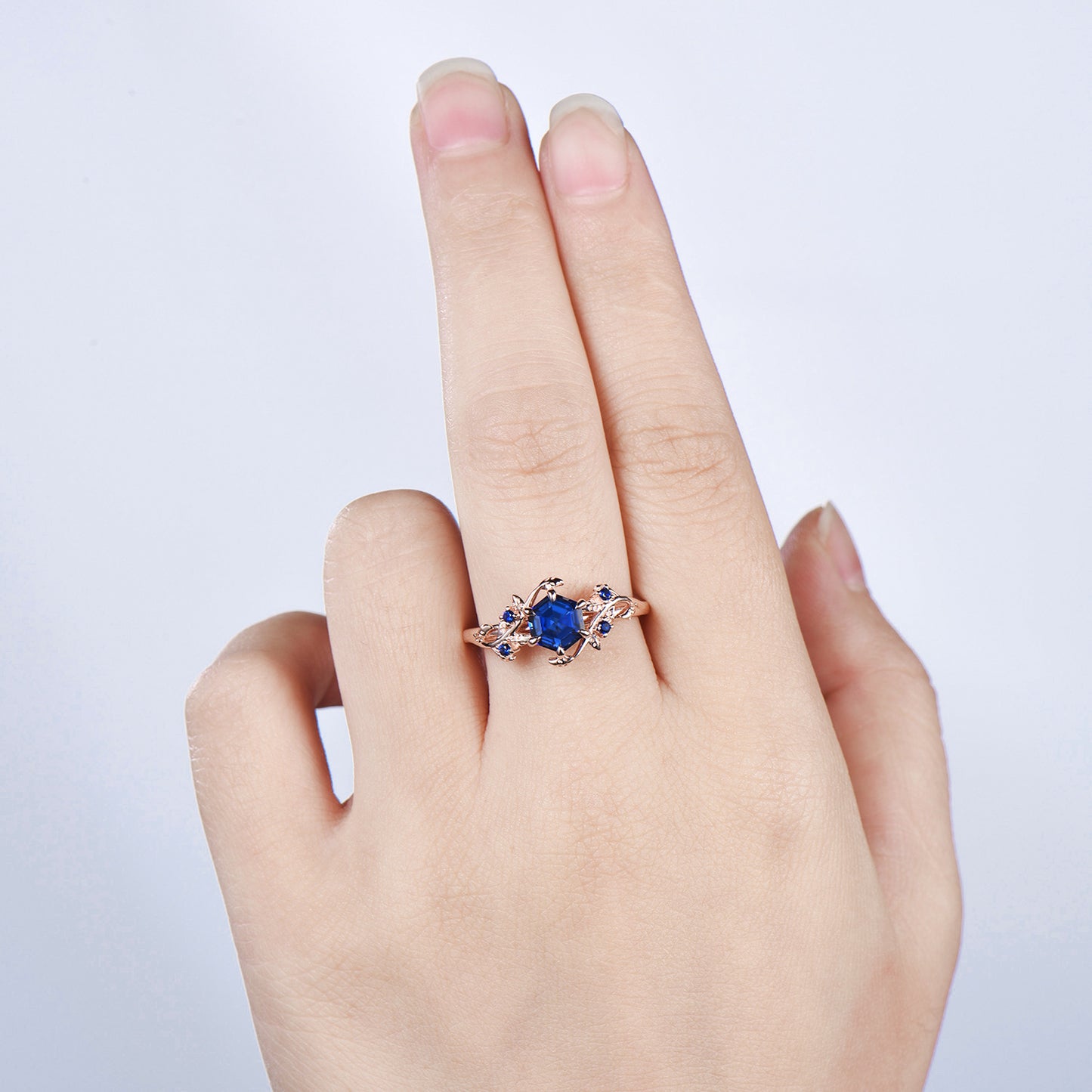 Elegant Hexagon Cut Blue Sapphire Engagement Ring Branch September birthstone