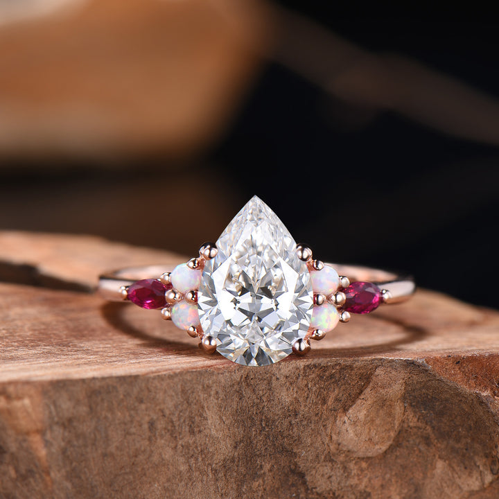 Vintage Pear Shaped Lab Grown Diamond Engagement Ring Solid 14K Rose Gold Custom Ruby Opal Diamond Wedding Ring IGI Certificate CVD Diamond - PENFINE