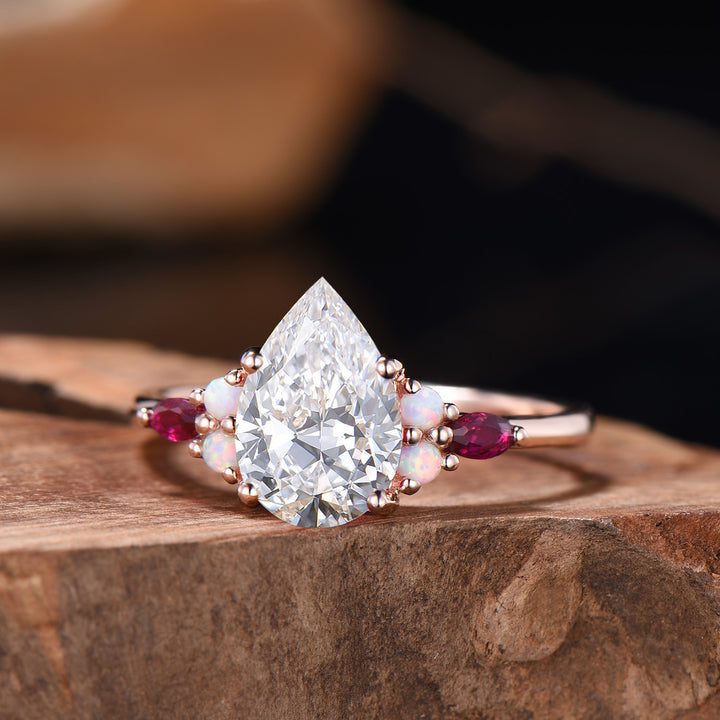 Vintage Pear Shaped Lab Grown Diamond Engagement Ring Solid 14K Rose Gold Custom Ruby Opal Diamond Wedding Ring IGI Certificate CVD Diamond - PENFINE