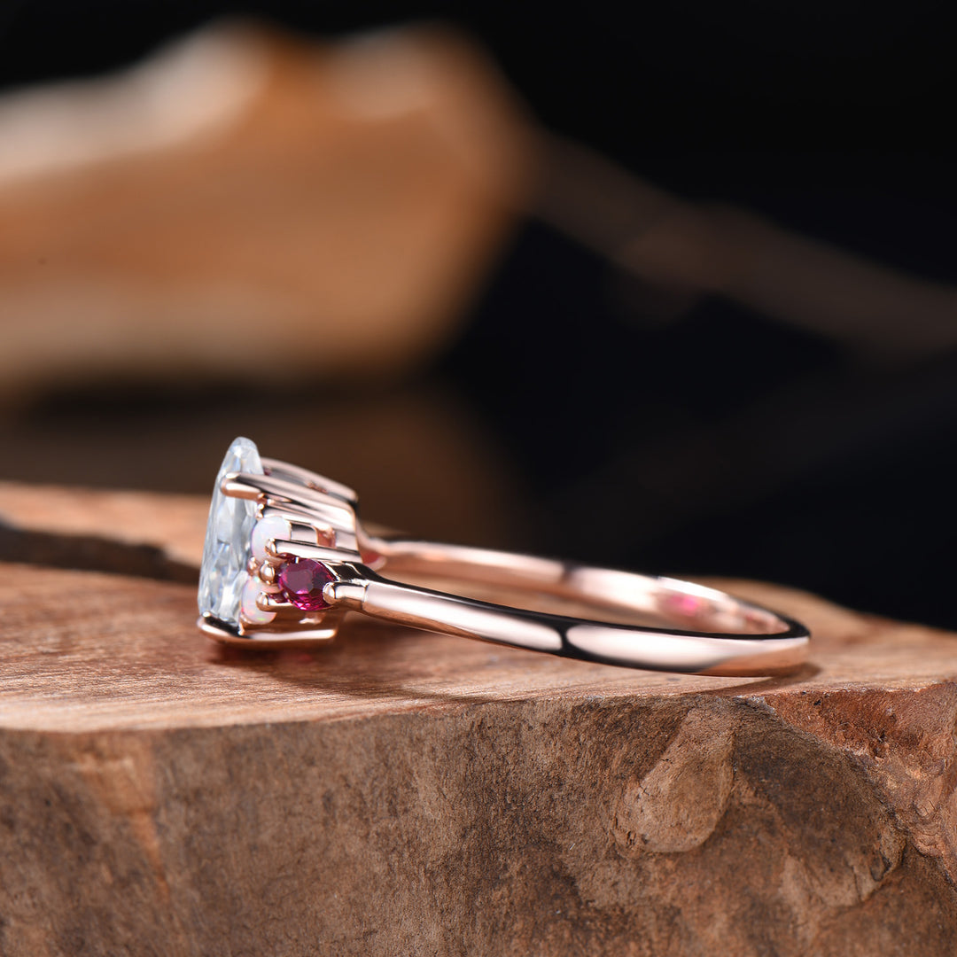 Vintage Pear Shaped Lab Grown Diamond Engagement Ring Solid 14K Rose Gold Custom Ruby Opal Diamond Wedding Ring IGI Certificate CVD Diamond - PENFINE
