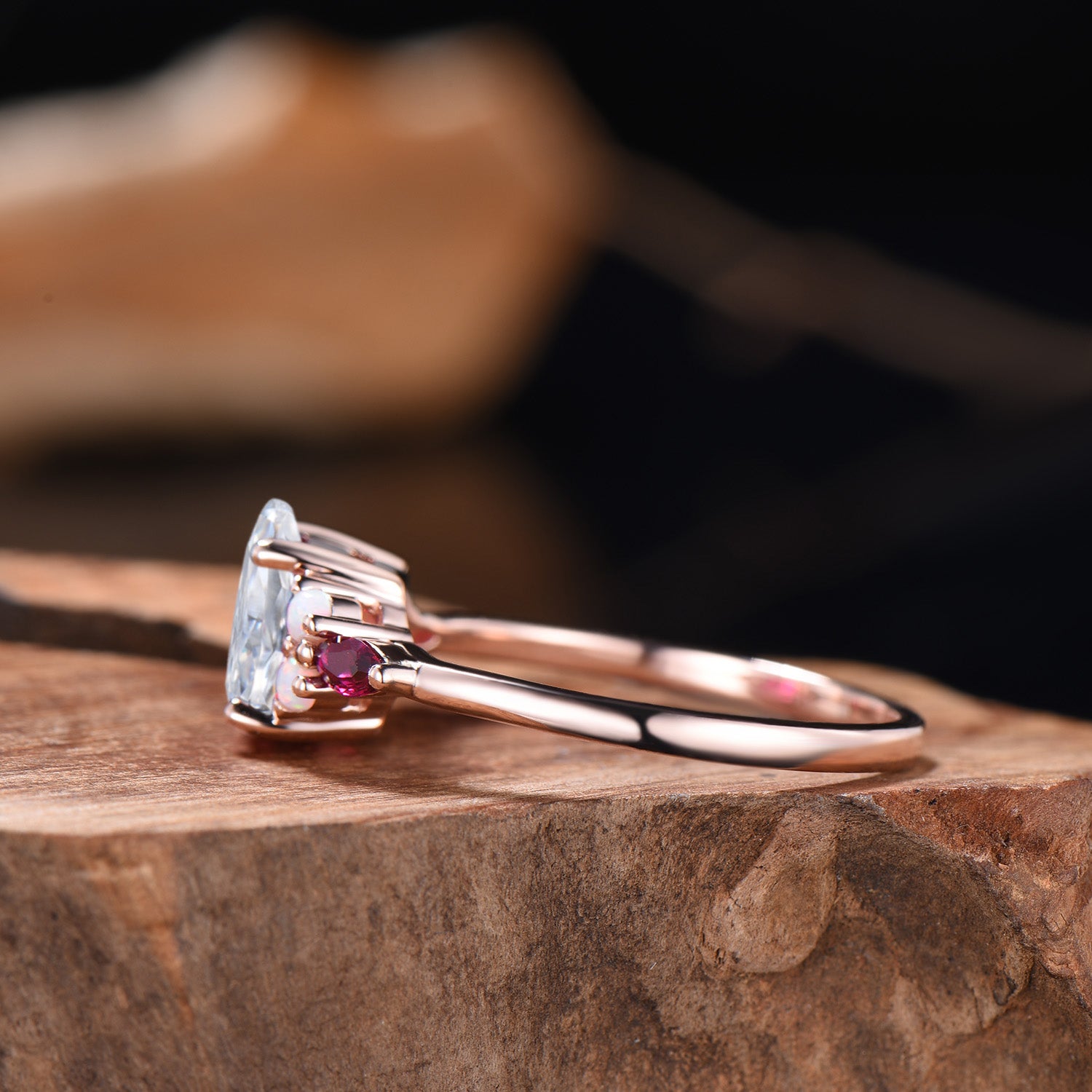 Vintage Pear Shaped Lab Grown Diamond Engagement Ring Solid 14K Rose Gold Custom Ruby Opal Diamond Wedding Ring IGI Certificate CVD Diamond - PENFINE