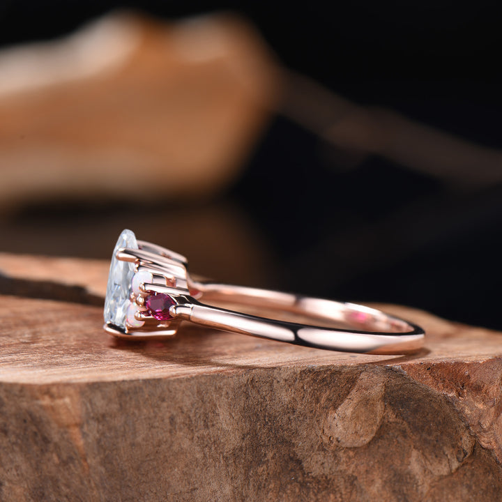 Vintage Pear Shaped Lab Grown Diamond Engagement Ring Solid 14K Rose Gold Custom Ruby Opal Diamond Wedding Ring IGI Certificate CVD Diamond - PENFINE