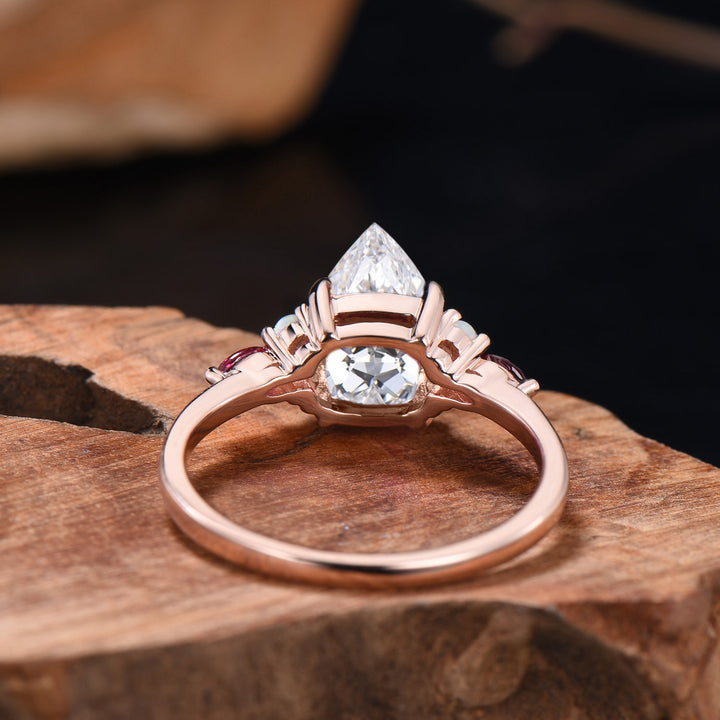 Vintage Pear Shaped Lab Grown Diamond Engagement Ring Solid 14K Rose Gold Custom Ruby Opal Diamond Wedding Ring IGI Certificate CVD Diamond - PENFINE