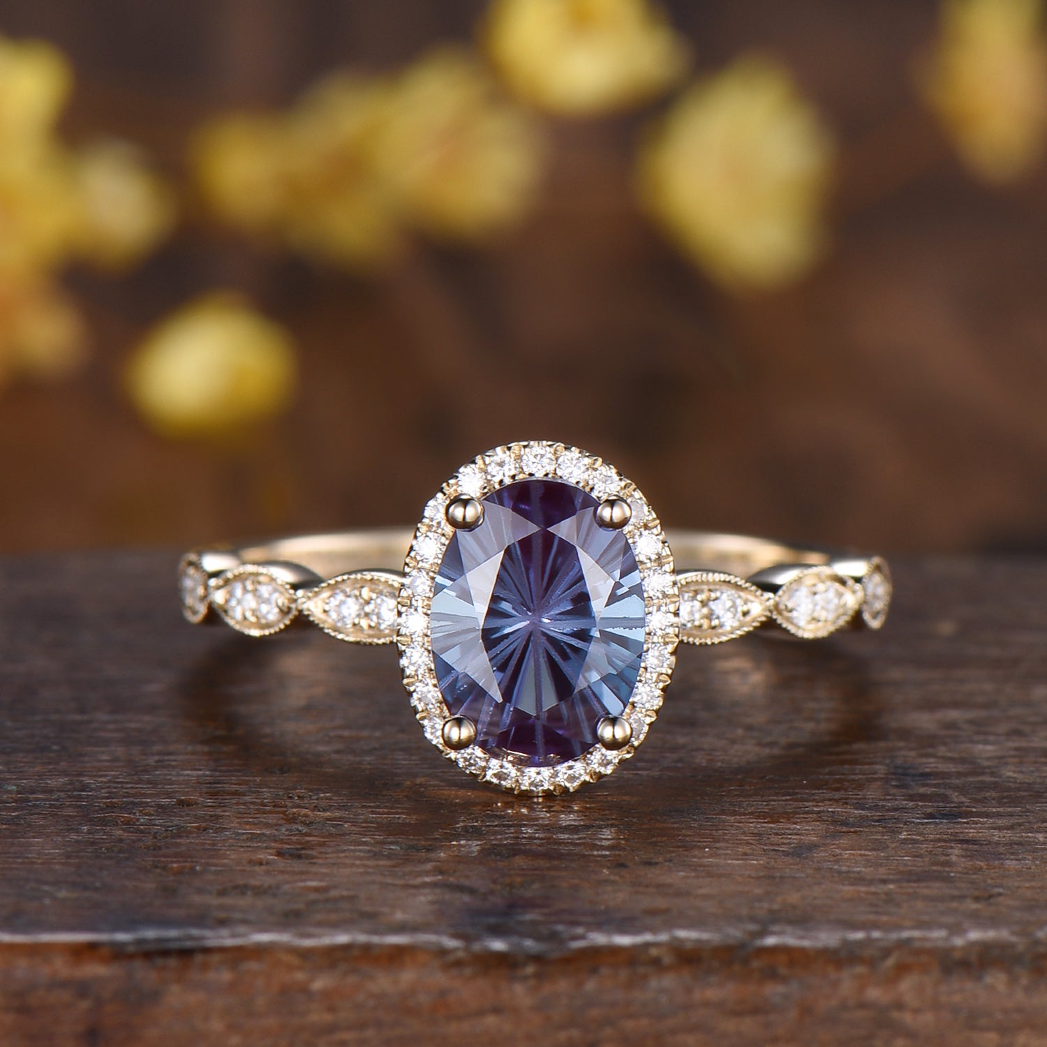 Vintage Firework Cut Oval Alexandrite Engagement Ring Halo Diamond Fine jewelry