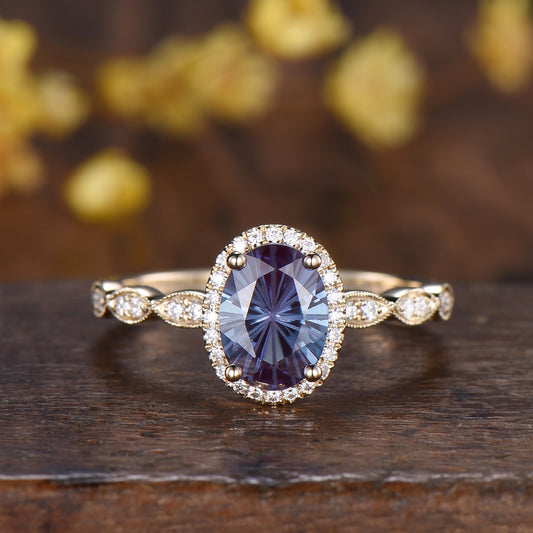 Vintage Firework Cut Oval Alexandrite Engagement Ring Halo Diamond Fine jewelry