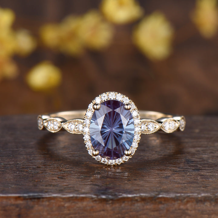 Vintage Firework Cut Oval Alexandrite Engagement Ring Halo Diamond Fine jewelry
