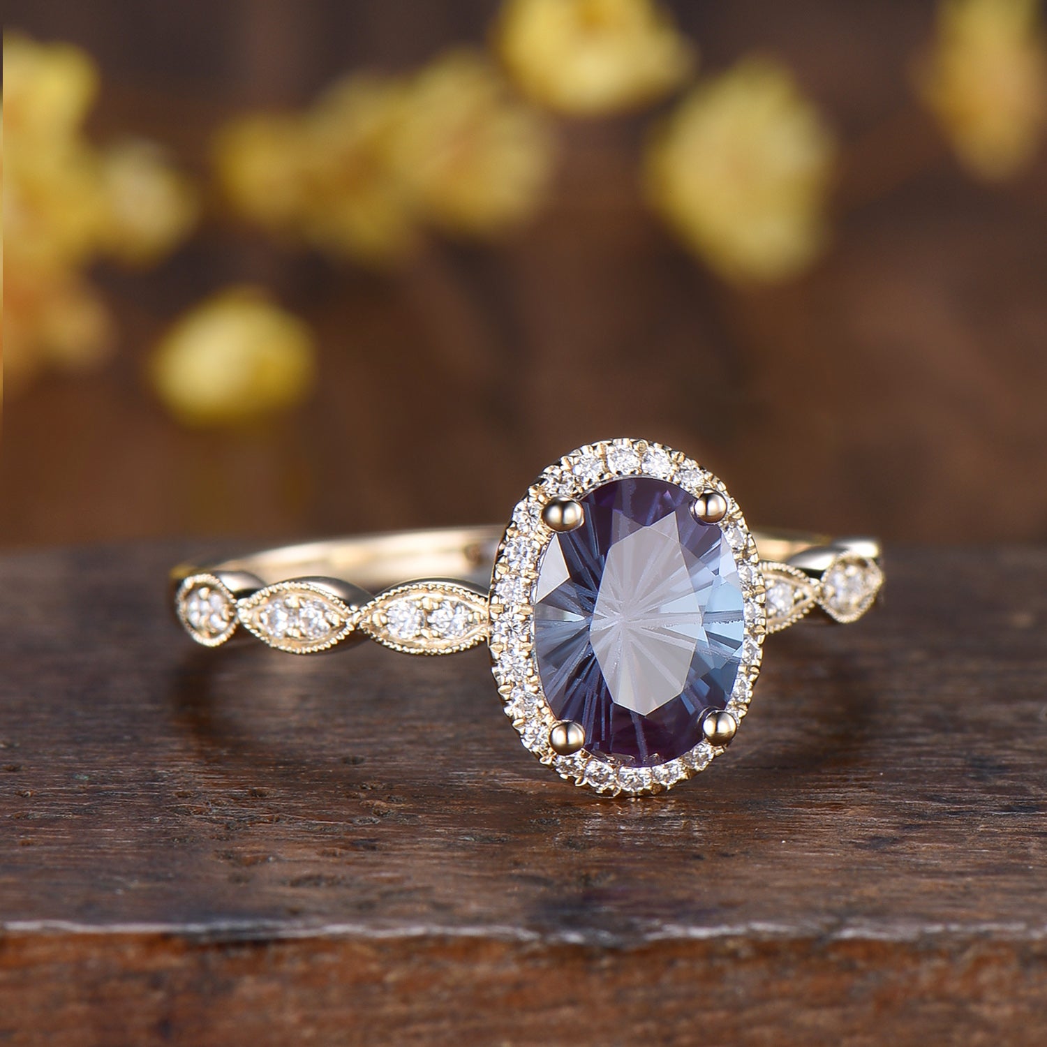Vintage Firework Cut Oval Alexandrite Engagement Ring Halo Diamond Fine jewelry