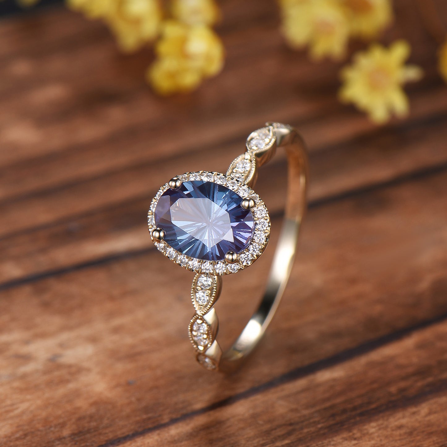 Vintage Firework Cut Oval Alexandrite Engagement Ring Halo Diamond Fine jewelry