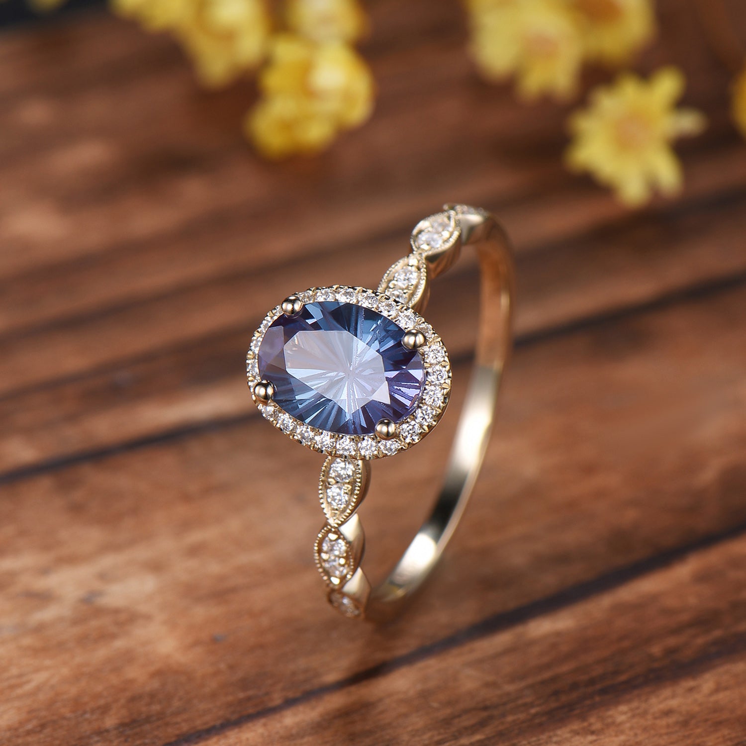 Vintage Firework Cut Oval Alexandrite Engagement Ring Halo Diamond Fine jewelry