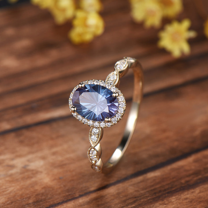 Vintage Firework Cut Oval Alexandrite Engagement Ring Halo Diamond Fine jewelry
