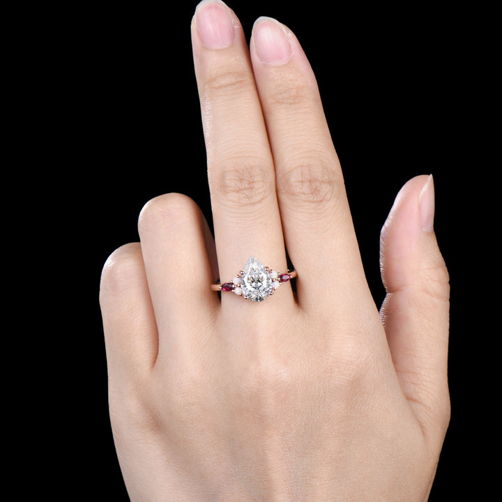 Vintage Pear Shaped Lab Grown Diamond Engagement Ring Solid 14K Rose Gold Custom Ruby Opal Diamond Wedding Ring IGI Certificate CVD Diamond - PENFINE