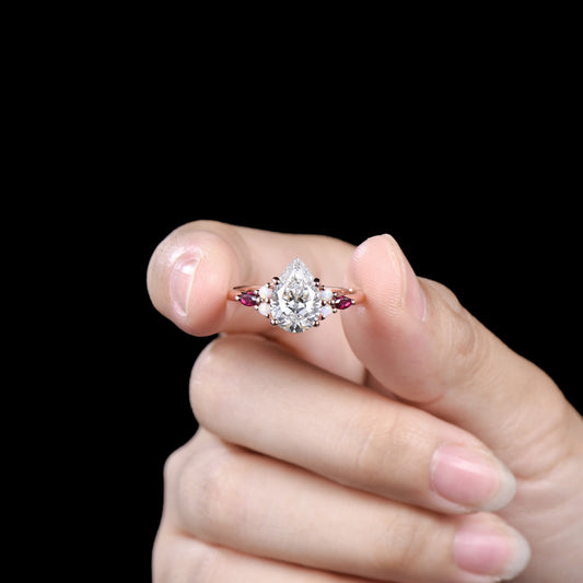 Vintage Pear Shaped Lab Grown Diamond Engagement Ring Solid 14K Rose Gold Custom Ruby Opal Diamond Wedding Ring IGI Certificate CVD Diamond - PENFINE